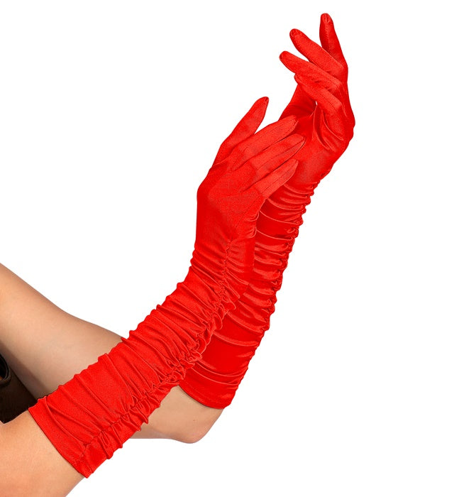 Geraffte rote Satinhandschuhe mit Elasthan, 44 cm lang