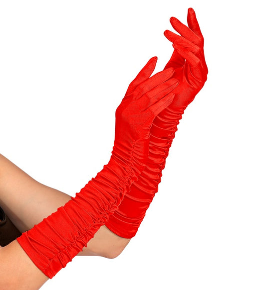 Geraffte rote Satinhandschuhe mit Elasthan, 44 cm lang