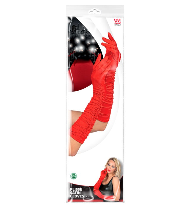Geraffte rote Satinhandschuhe mit Elasthan, 44 cm lang