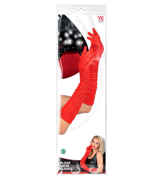 Geraffte rote Satinhandschuhe mit Elasthan, 44 cm lang