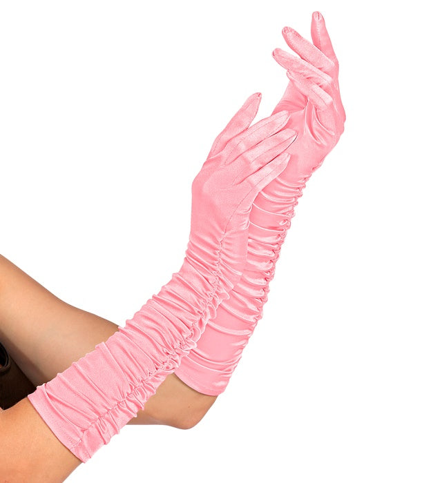 Geraffte rosa Satin Handschuhe mit Elastan, 44 cm lang