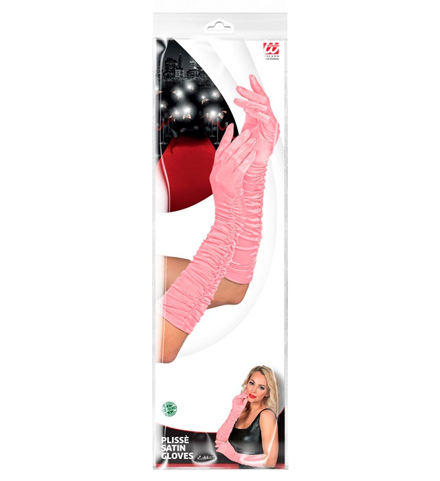 Geraffte rosa Satin Handschuhe mit Elastan, 44 cm lang
