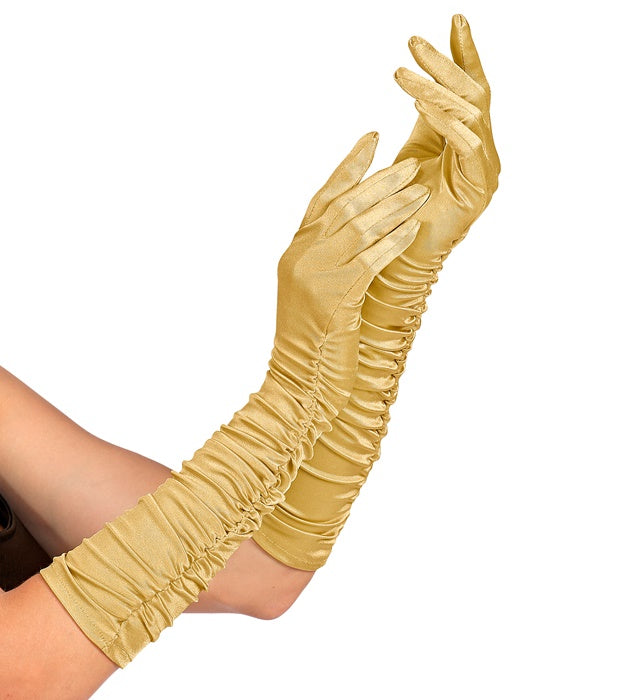 Goldene satin handschuhe mit geraffter optik und elastischem stoff, 44 cm lang