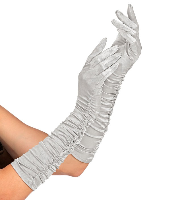 Geraffte silberne Satinhandschuhe 44 cm elastisch elegant