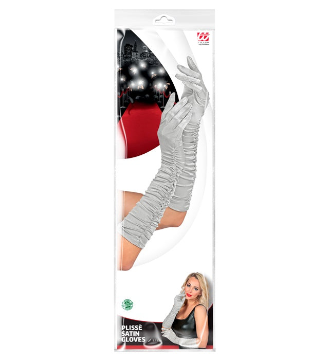 Geraffte silberne Satinhandschuhe 44 cm elastisch elegant