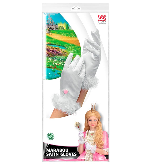Weiße Satin Handschuhe mit Marabou-Besatz in Kindergröße