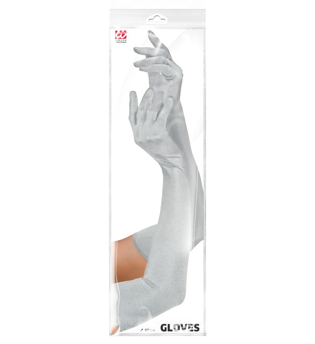Lange silberne Stretch-Satin Handschuhe 60 cm Länge elegant für Fasnacht