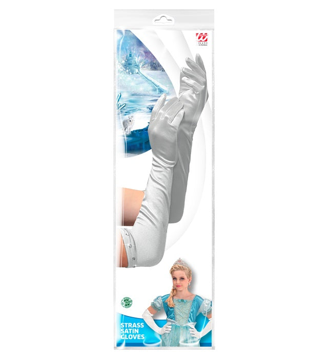 Weiße lange Satin Handschuhe mit Strass-Verzierung für Kinder