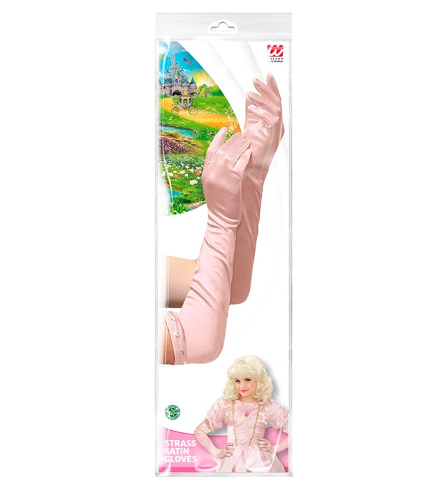 Rosa lange Satin Handschuhe mit Strassverzierung für Kinder