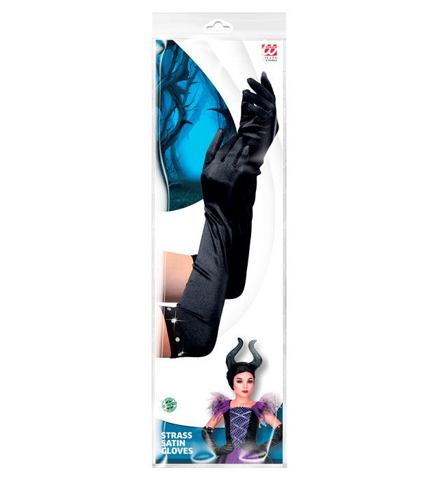 Schwarze lange Satin-Handschuhe mit Strass-Verzierung für Kinder