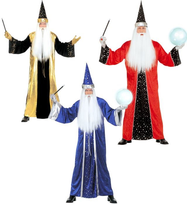 Fantasy Zauberer Kostüm mit Tunika und Hut in verschiedenen Farben