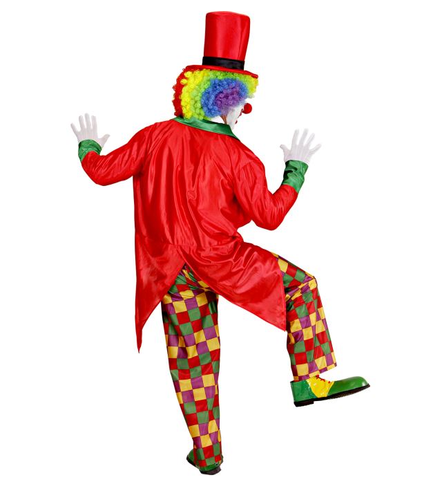 Clown Kostüm Set mit Frack, Weste, Fliege, Hose und Zylinderhut auf weißem Hintergrund