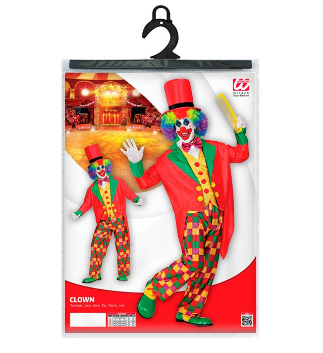 Clown Kostüm Set mit Frack, Weste, Fliege, Hose und Zylinderhut auf weißem Hintergrund