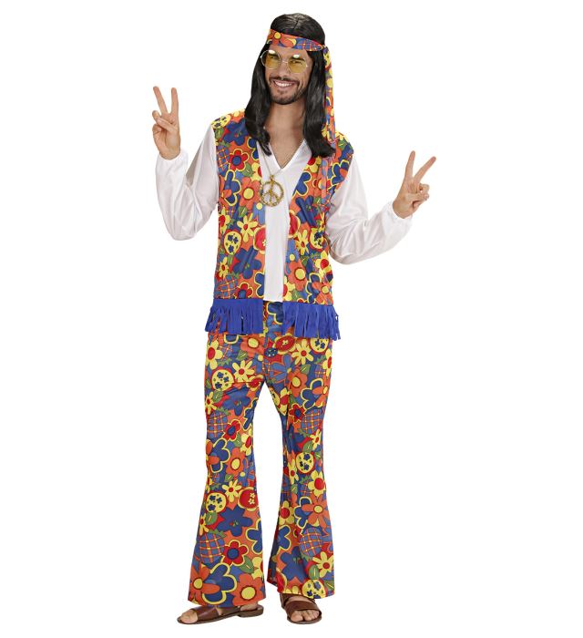 Hippie-Kostüm mit Hemd, Weste, Hose, Kopftuch und Peace-Kette