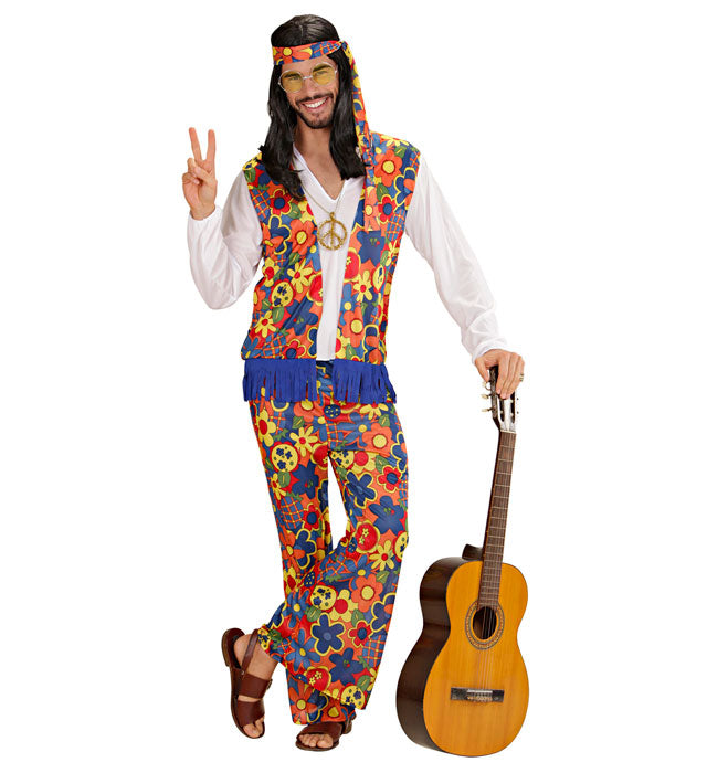 Hippie-Kostüm mit Hemd, Weste, Hose, Kopftuch und Peace-Kette