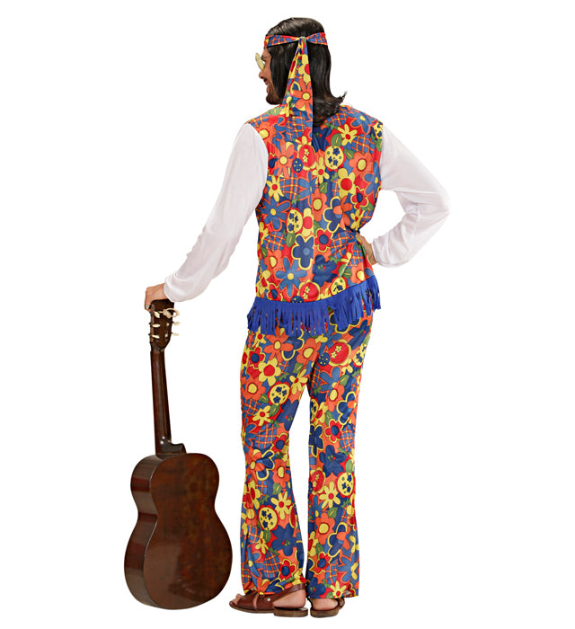 Hippie-Kostüm mit Hemd, Weste, Hose, Kopftuch und Peace-Kette