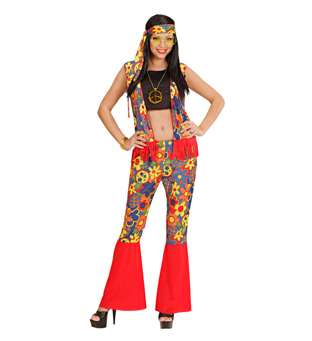 Hippie Kostüm für Frauen mit buntem Top, Weste, Hose, Kopftuch und Kette