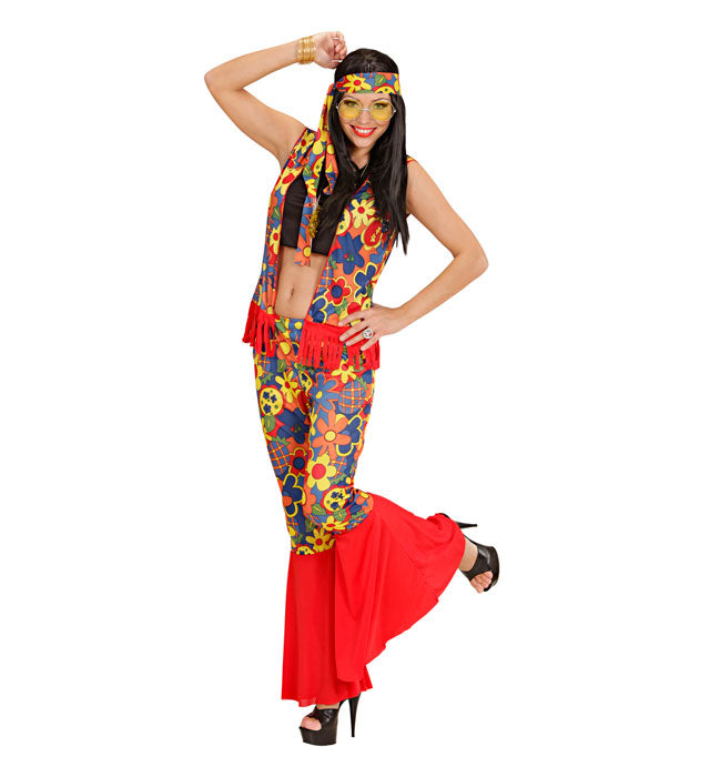 Hippie Kostüm für Frauen mit buntem Top, Weste, Hose, Kopftuch und Kette