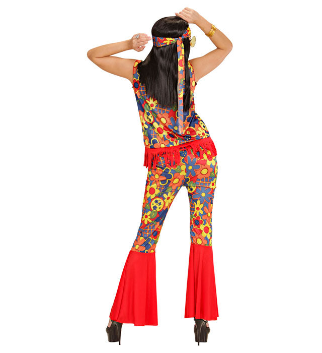 Hippie Kostüm für Frauen mit buntem Top, Weste, Hose, Kopftuch und Kette