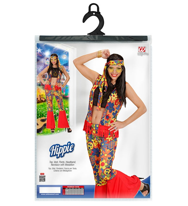 Hippie Kostüm für Frauen mit buntem Top, Weste, Hose, Kopftuch und Kette