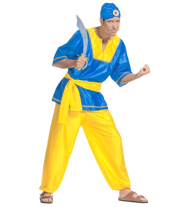 Prinz aus Arabien Kostüm mit Kasack, Hose, Gürtel und Turban auf neutralem Hintergrund