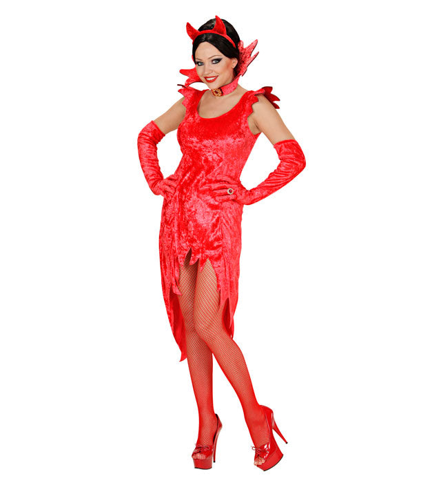 Devil Lady Kostüm mit rotem Samtkleid, Handschuhen und Edelstein-Halskette
