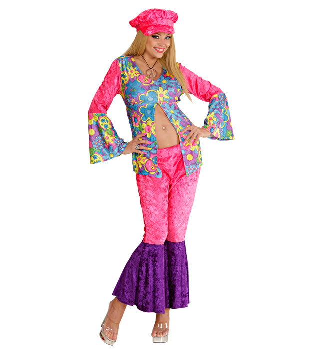 Hippie Girl Kostüm aus samtigem Stoff mit Bluse, Hose und Hut für Fasnacht