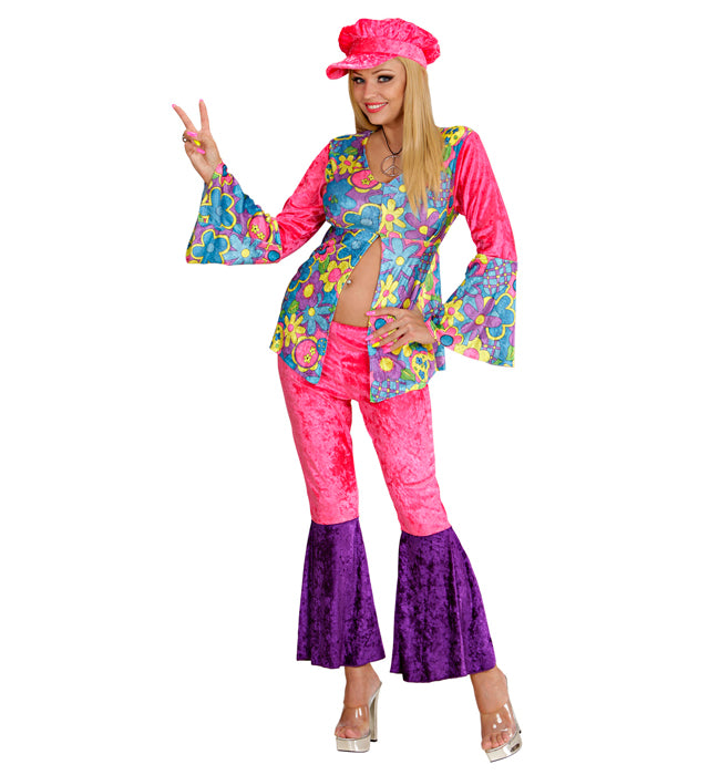 Hippie Girl Kostüm aus samtigem Stoff mit Bluse, Hose und Hut für Fasnacht