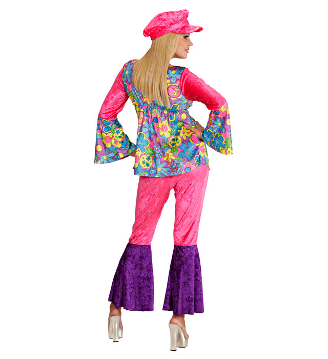 Hippie Girl Kostüm aus samtigem Stoff mit Bluse, Hose und Hut für Fasnacht