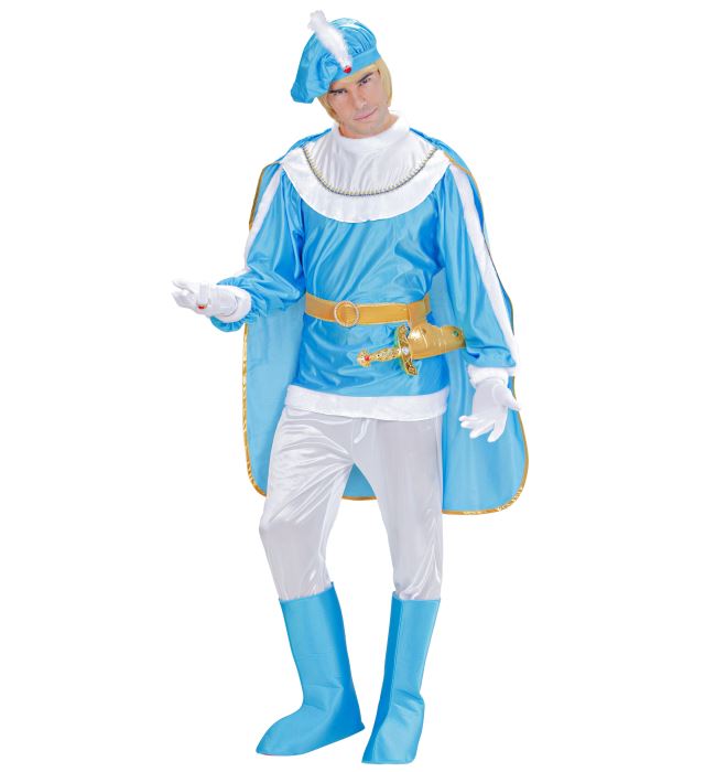Blauer Prinz Fasnachtskostüm mit Umhang, Dolchhalter und Hut mit Feder