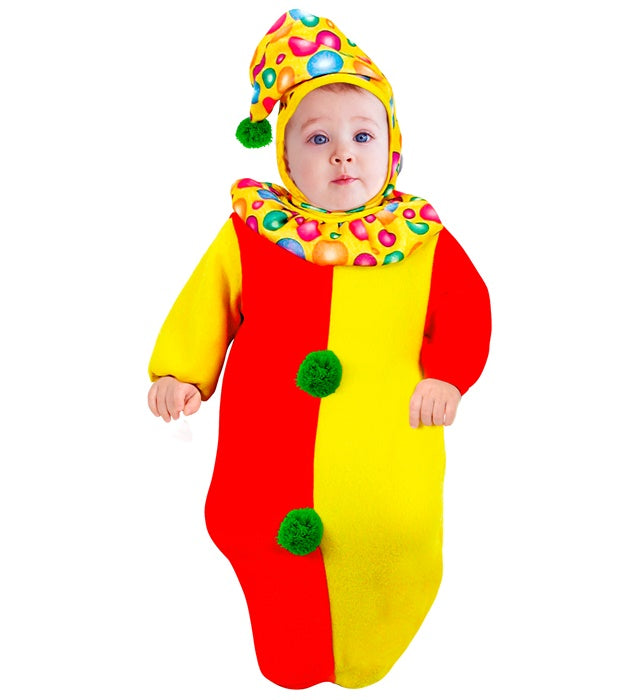 Clown Schlafsack Kostüm mit farbiger Kopfbedeckung für Fasnacht