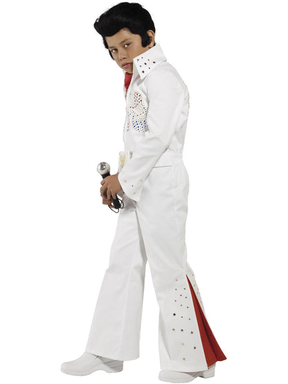 Smiffys weisses Elvis-Kostuem fuer Jungen mit Overall und Schal – Detailansicht