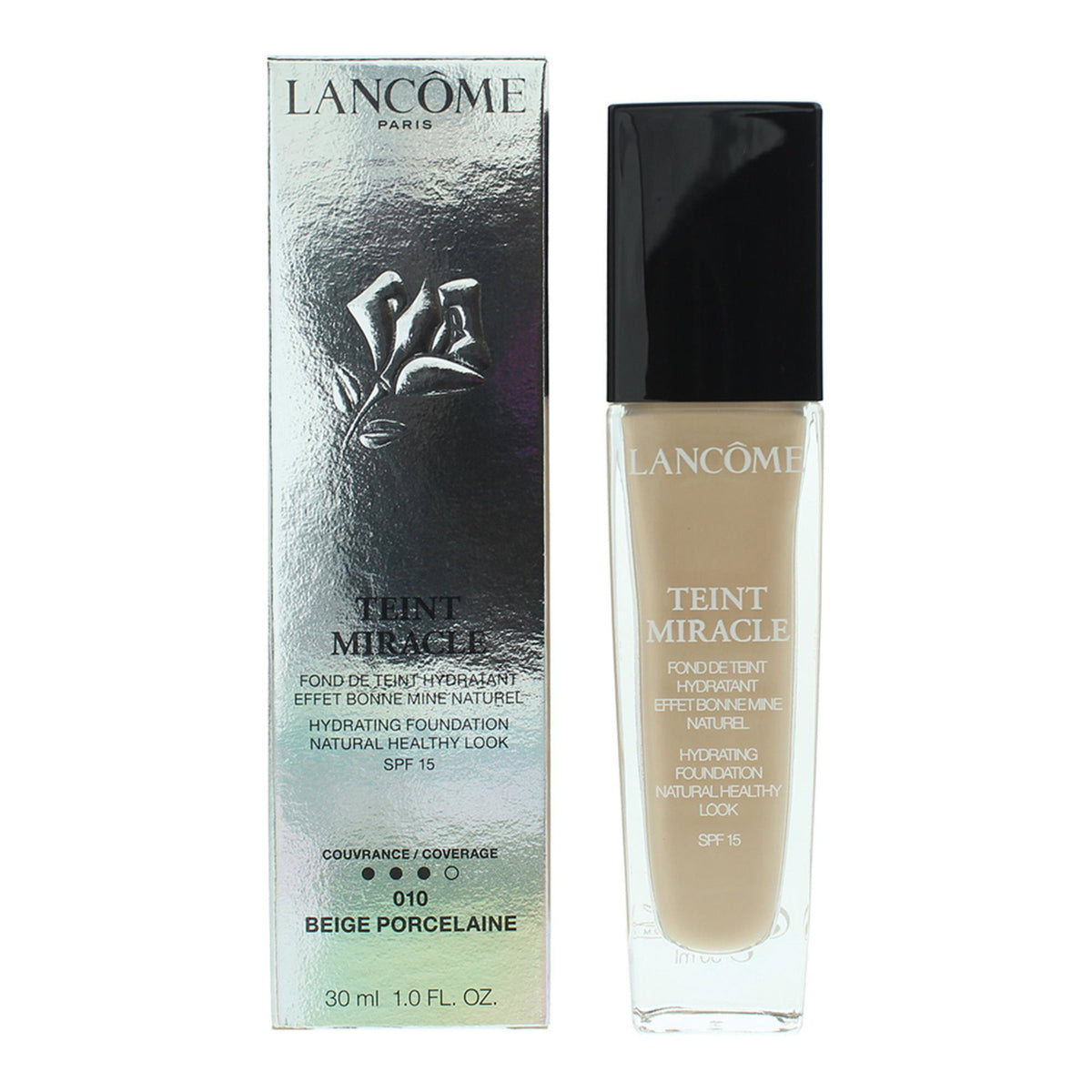 Lancome, Teint Miracle, Mittlere Abdeckung, Flüssige Grundierung, 010, Beige Porzellan, SPF 15, 30 ml