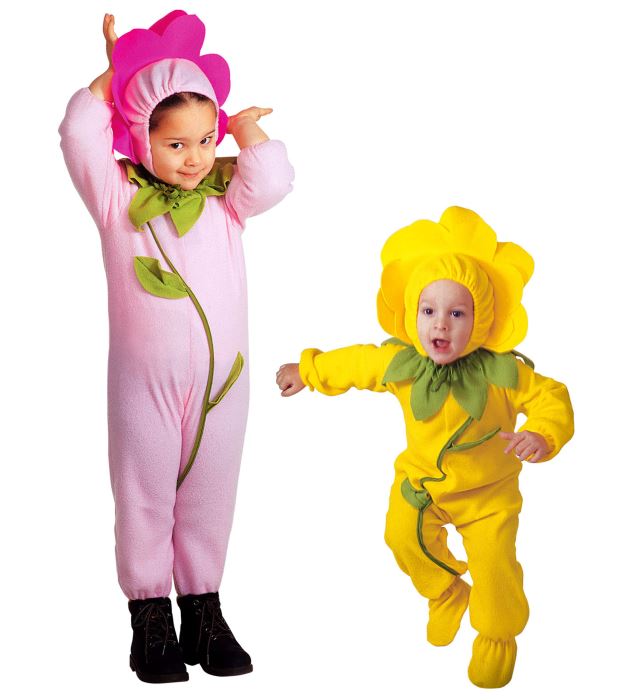 Blümchen Kostüm mit buntem Kleid und passender Kopfbedeckung für Fasnacht