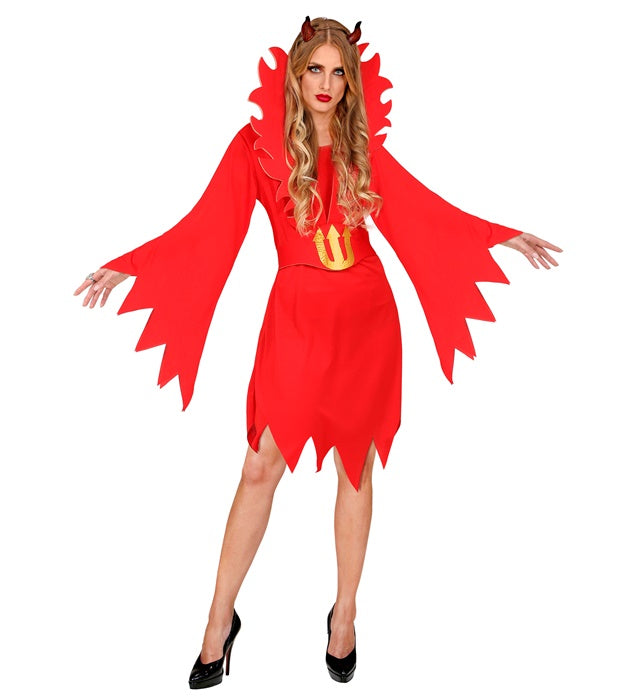 Teufelin-Kostüm rotes Kleid mit großem Kragen und Gürtel