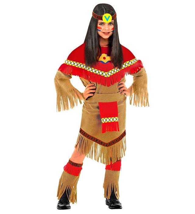 Indianerin Kostüm bestehend aus Kleid, Gürtel, Überstiefeln und Kopftuch auf weißem Hintergrund
