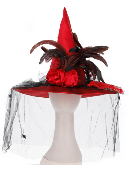 Smiffys Witch Hat Deep Red Hexenhut für Damen mit Netz und Federn – Detailansicht