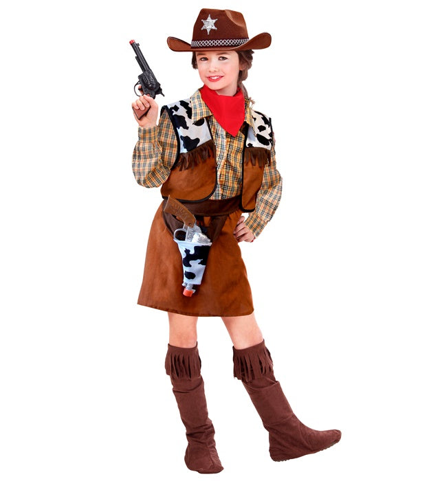 Cowgirl Kostüm bestehend aus Hemd, Weste, Rock, Gürtel mit Holster und Überstiefeln