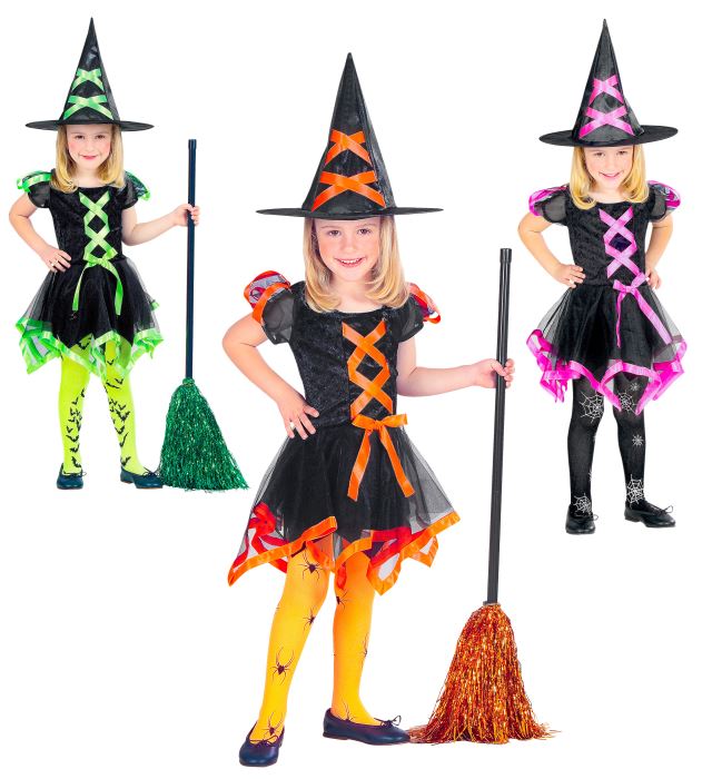 Hexenkleid mit passendem Hexenhut in drei verschiedenen Farben für Fasnacht