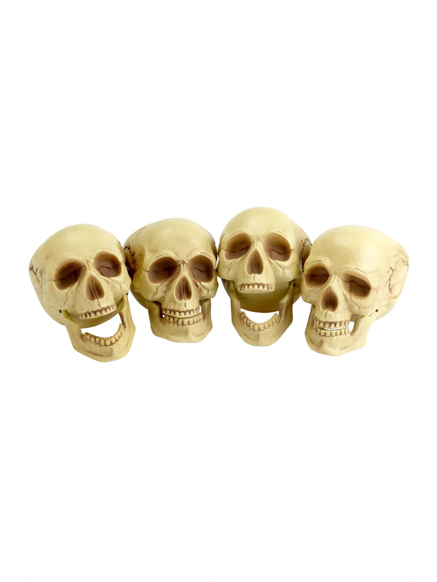 Smiffys Skull Heads 4er-Set, naturfarbene Totenkopf-Dekoration 16 cm