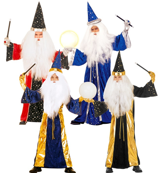 Zauberer Kostüm Set mit bunter Tunika und spitzem Hut in vier Farben