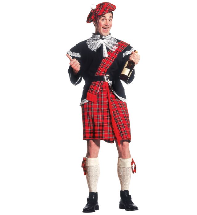 Schotte-Kostüm mit Jacke, Kilt, Gürtel, Hut und Strumpfschleifen für Fasnacht