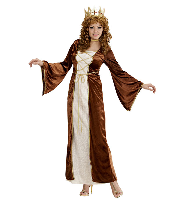 Mittelalterliches Prinzessinnen-Kostüm mit Kleid, Halsband und Krone mit Edelsteinen