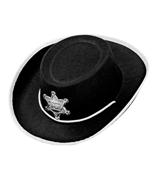 Schwarzer Cowboyhut mit silbernem Sheriffstern in Kindergröße