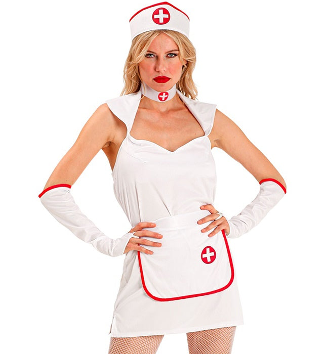 Krankenschwester-Kostüm mit Kleid, Schürze, Handschuhen, Halsband und Haube
