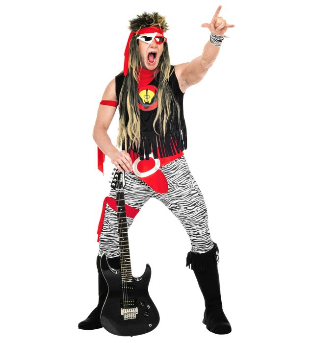 Rock Star Kostüm Set mit Achselshirt, Hose, Gürtel, Arm- und Beinbändern, Stiefelüberziehern und Haarband