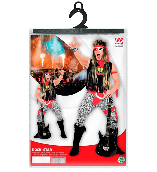 Rock Star Kostüm Set mit Achselshirt, Hose, Gürtel, Arm- und Beinbändern, Stiefelüberziehern und Haarband