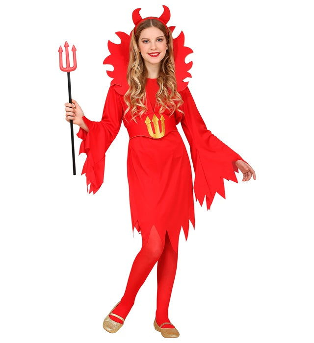 Teufelin Kostüm mit Kleid, Gürtel und großen Hörnern für Fasnacht