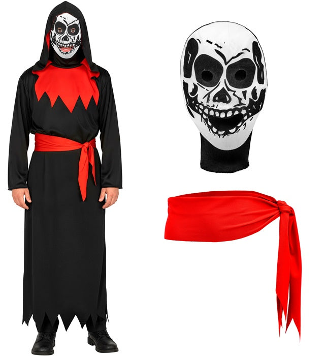 Evil Phantom Kostüm mit schwarzer Kapuzenrobe, Gürtel und Maske
