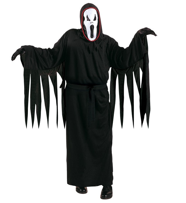 Scream Ghost Kostüm mit schwarzer Tunika, Gürtel und Maske mit Kapuze für Fasnacht